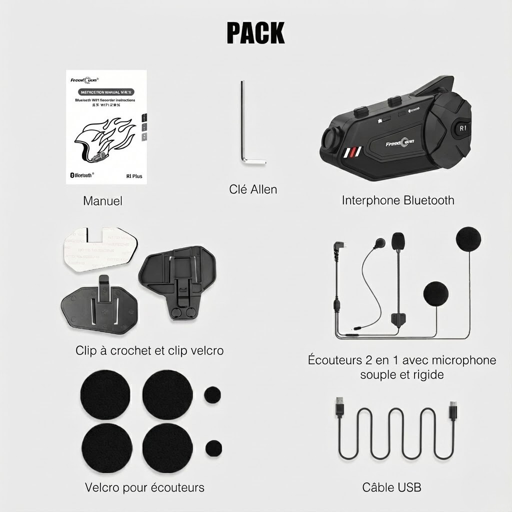 Intercom moto caméra 1080P FreedConn R1 Plus - accessoires